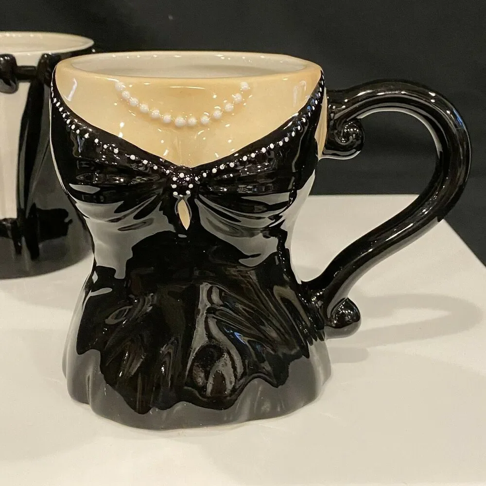 Pier 1 Ceramic Coffee Mug 2 Set Black Dress Pearls-Black White‎ Tuxedo Mug